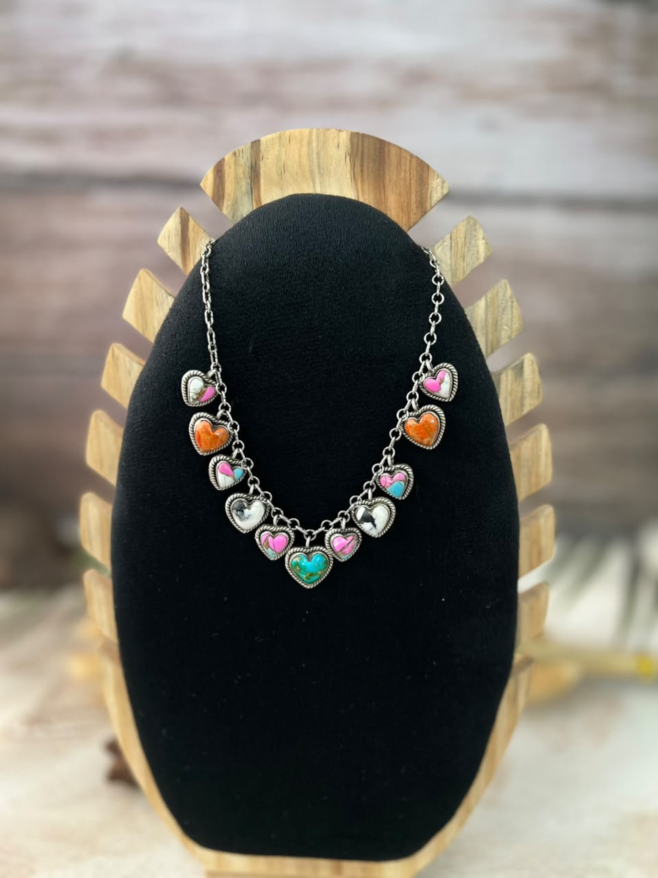 Handmade Sterling Silver Orange Mojave with Cotton Candy, Sonoran Mountain and White Buffalo Heart Necklace Signed Nizhoni