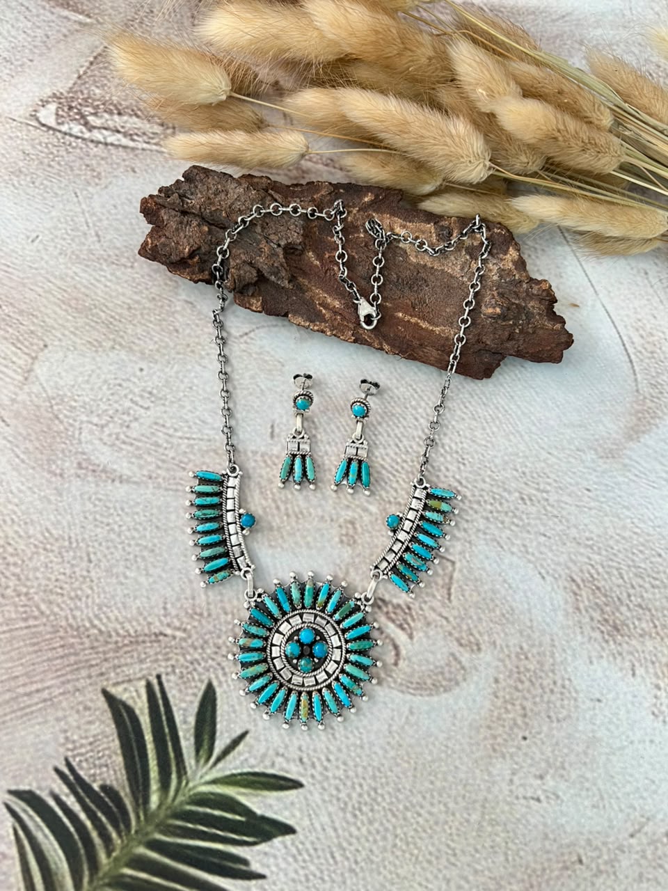 Handmade Sterling Silver Kingman Turquoise Necklace and Earrings Set Signed Nizhoni