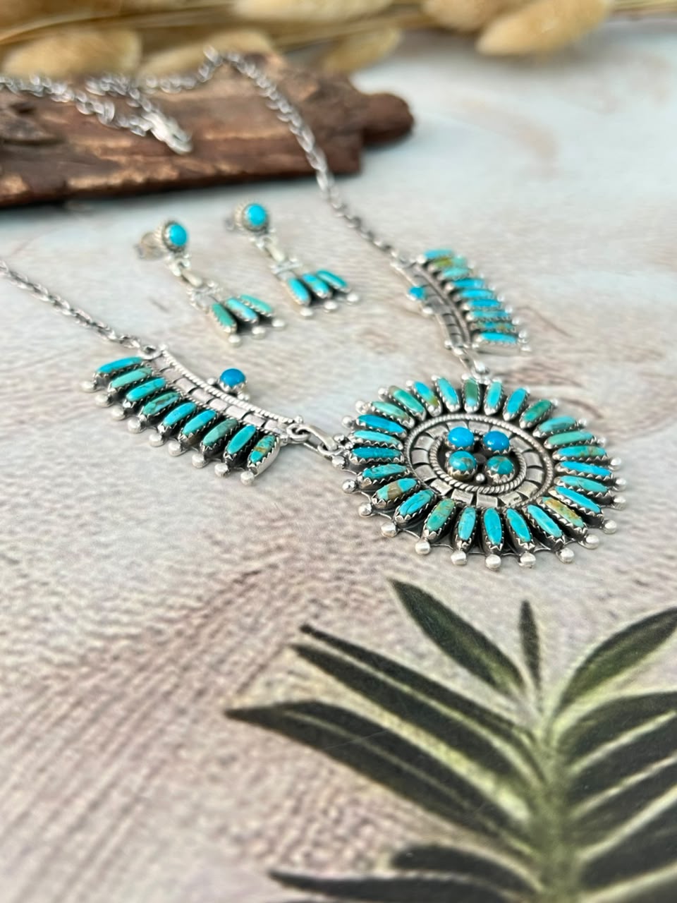 Handmade Sterling Silver Kingman Turquoise Necklace and Earrings Set Signed Nizhoni