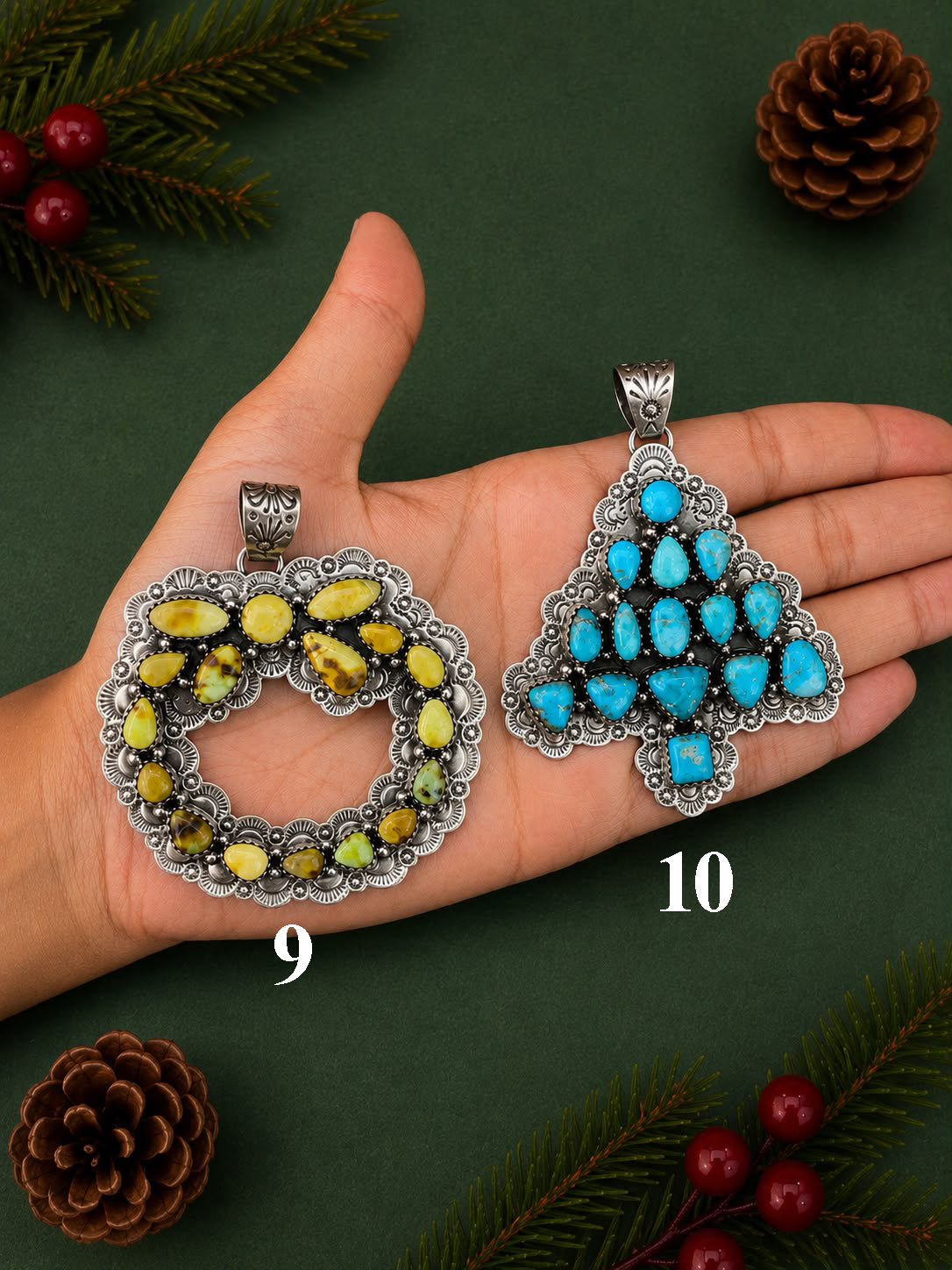 Handmade Sterling Silver Palomino, Golden Hills, Blackjack and White Water Turquoise Christmas Ornaments Collection: Pendant Signed Nizhoni