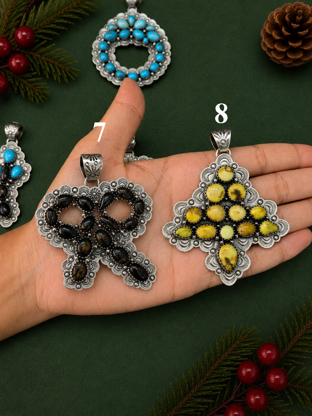 Handmade Sterling Silver Palomino, Golden Hills, Blackjack and White Water Turquoise Christmas Ornaments Collection: Pendant Signed Nizhoni