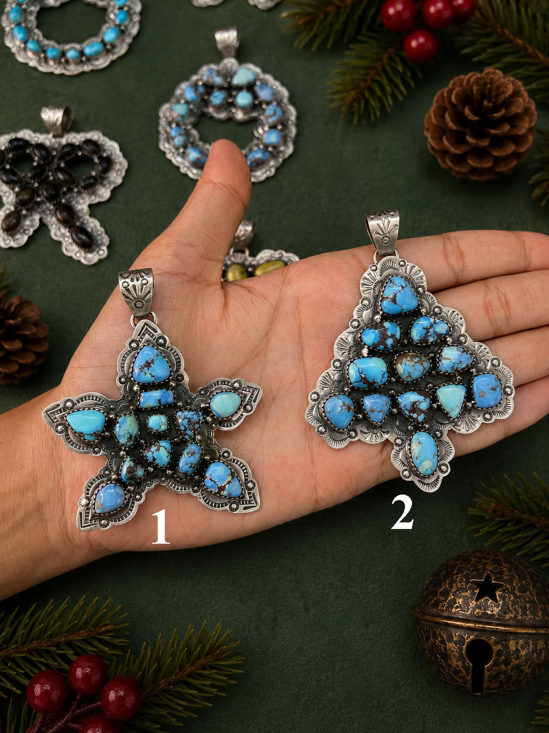 Handmade Sterling Silver Palomino, Golden Hills, Blackjack and White Water Turquoise Christmas Ornaments Collection: Pendant Signed Nizhoni
