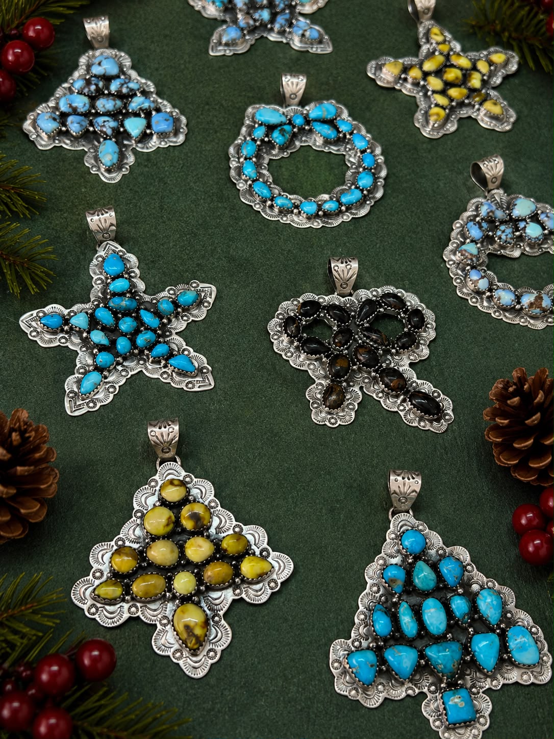 Handmade Sterling Silver Palomino, Golden Hills, Blackjack and White Water Turquoise Christmas Ornaments Collection: Pendant Signed Nizhoni