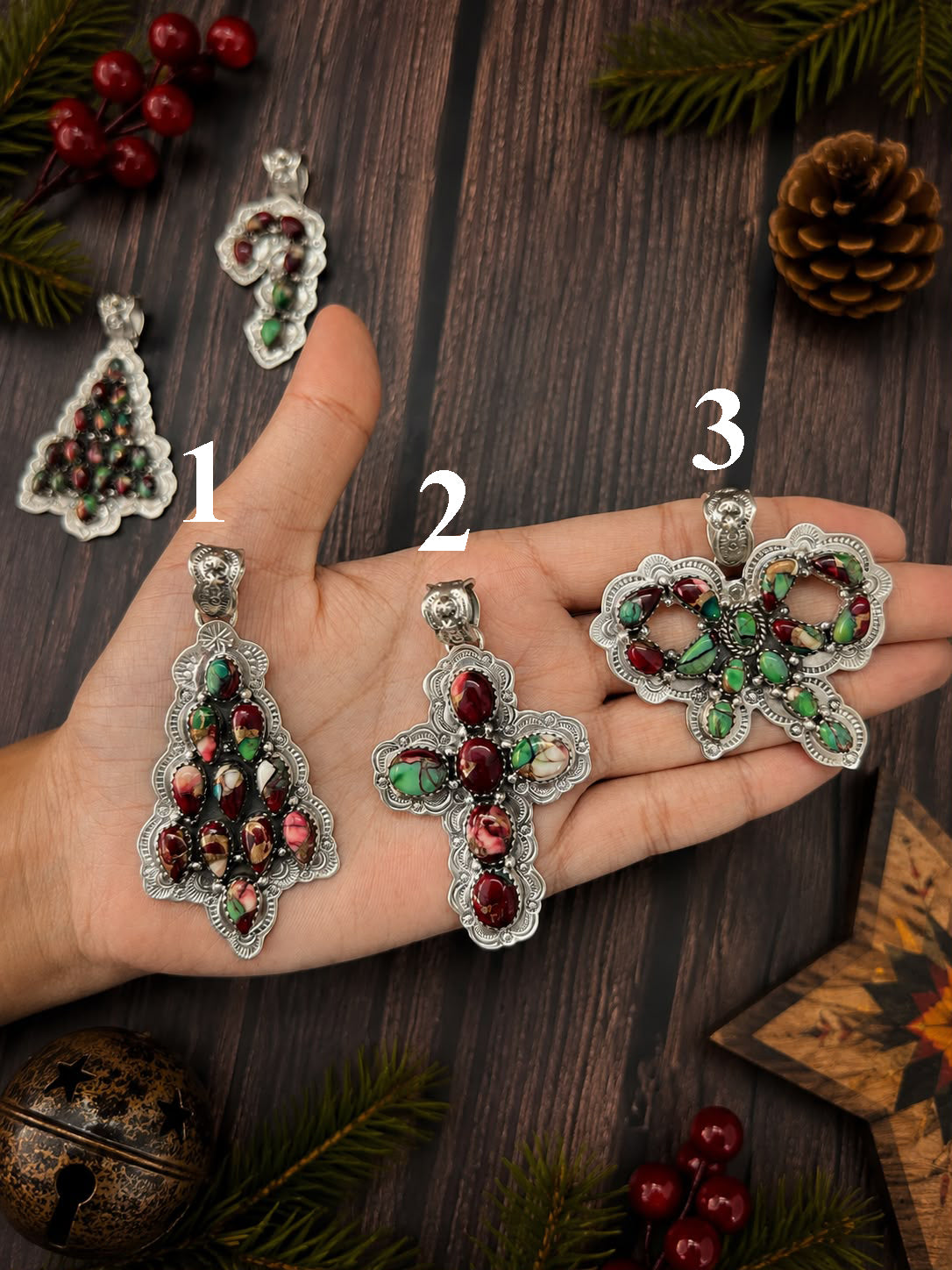 Handmade Sterling Silver Christmas Dahlia Ornaments Collection: Pendant Signed Nizhoni (4)