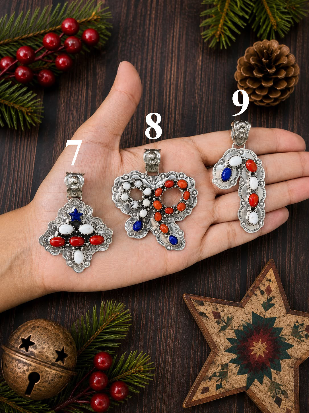 Handmade Sterling Silver Lapis with Coral and White Buffalo Christmas Ornaments Collection: Pendant Signed Nizhoni (2)