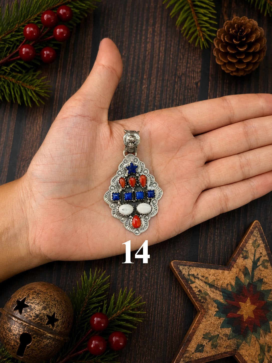 Handmade Sterling Silver Lapis with Coral and White Buffalo Christmas Ornaments Collection: Pendant Signed Nizhoni (2)