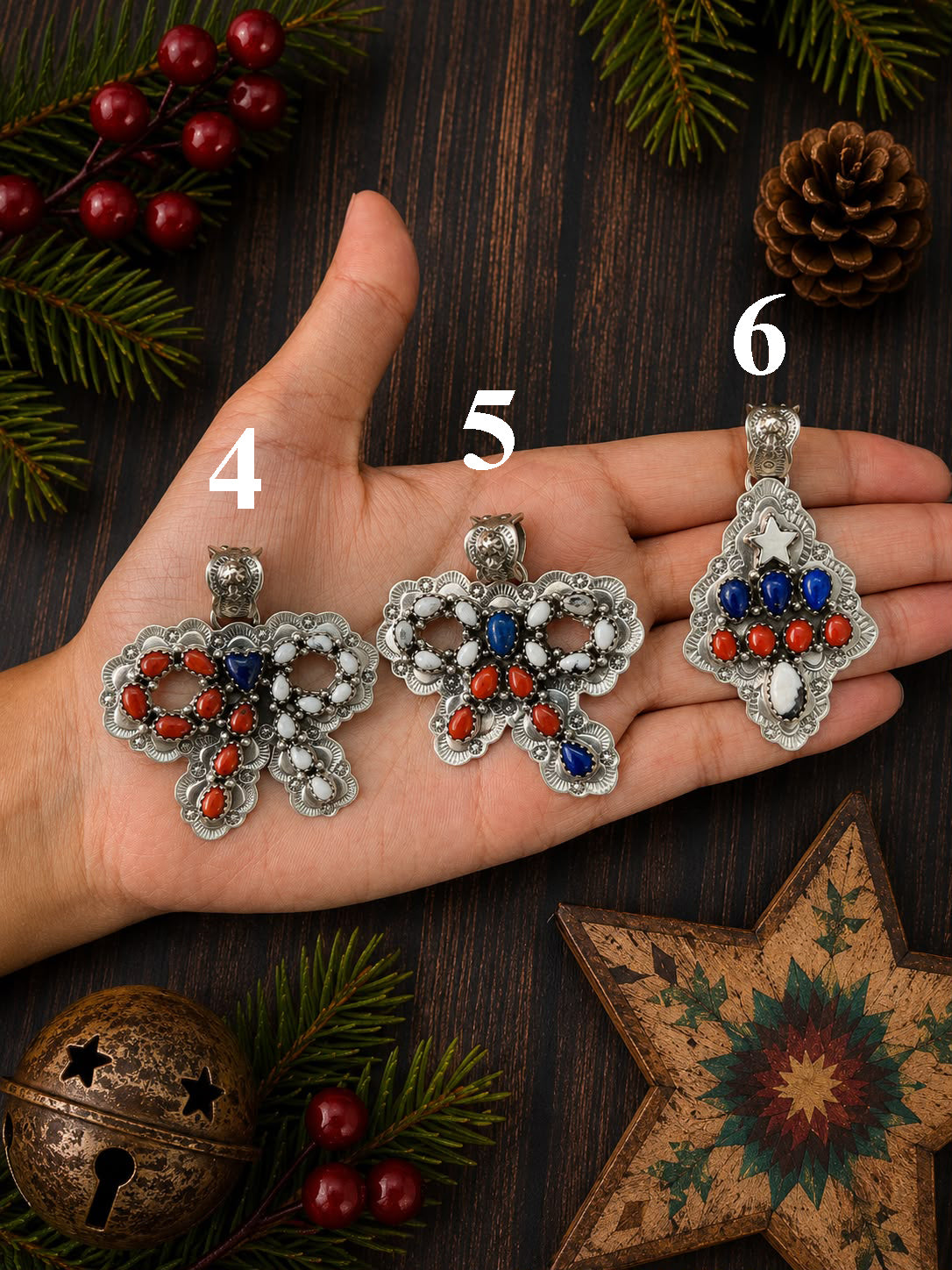 Handmade Sterling Silver Lapis with Coral and White Buffalo Christmas Ornaments Collection: Pendant Signed Nizhoni (2)