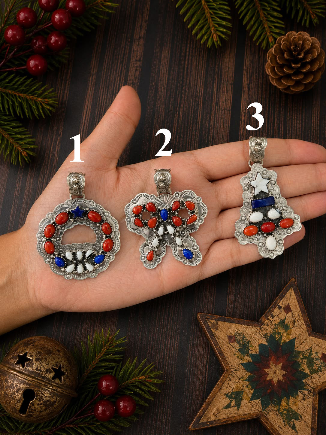 Handmade Sterling Silver Lapis with Coral and White Buffalo Christmas Ornaments Collection: Pendant Signed Nizhoni (2)