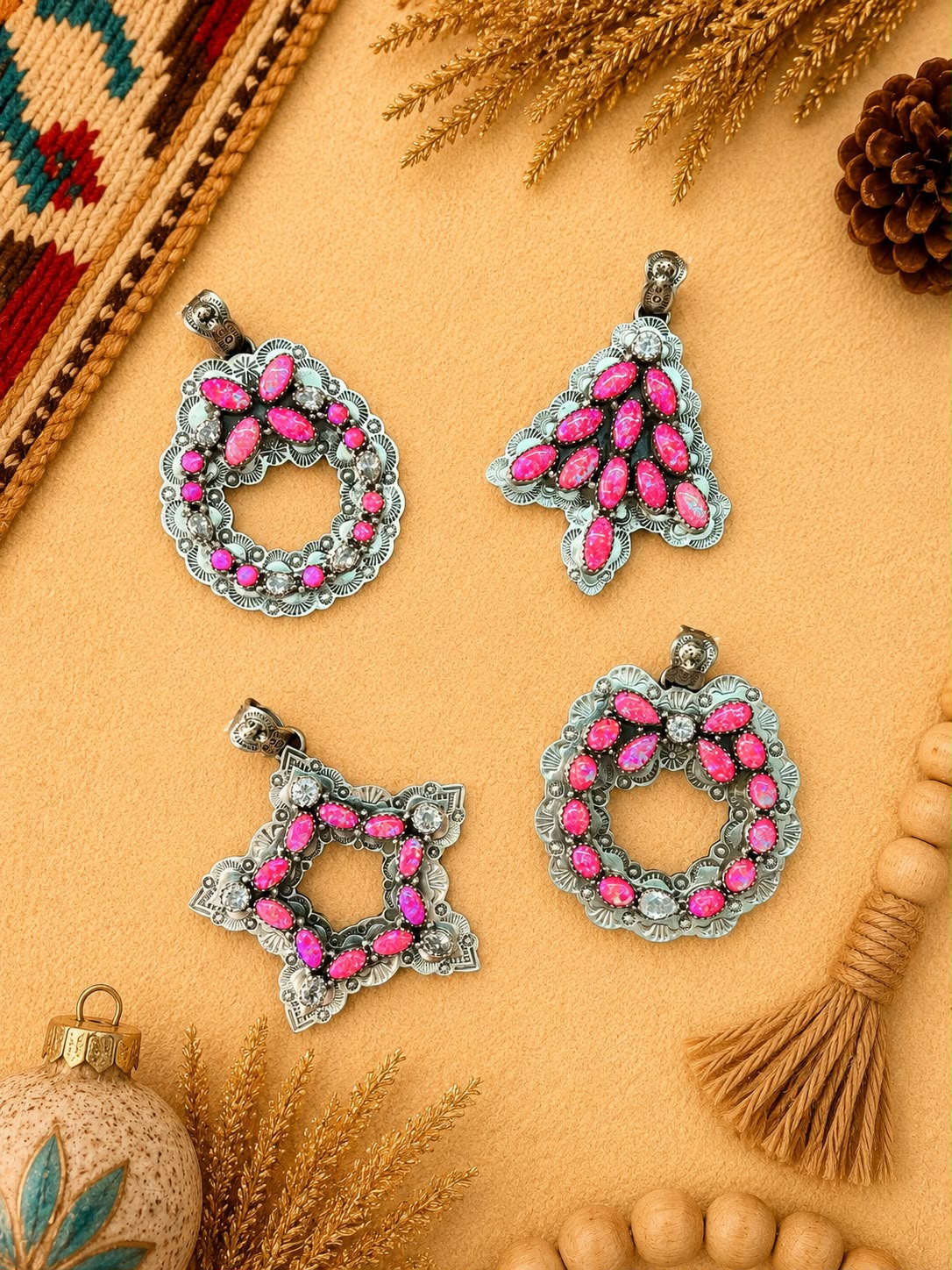 Handmade Sterling Silver Hot Pink with Cubic Zirconia Christmas Ornaments Collection: Pendant Signed Nizhoni (8)