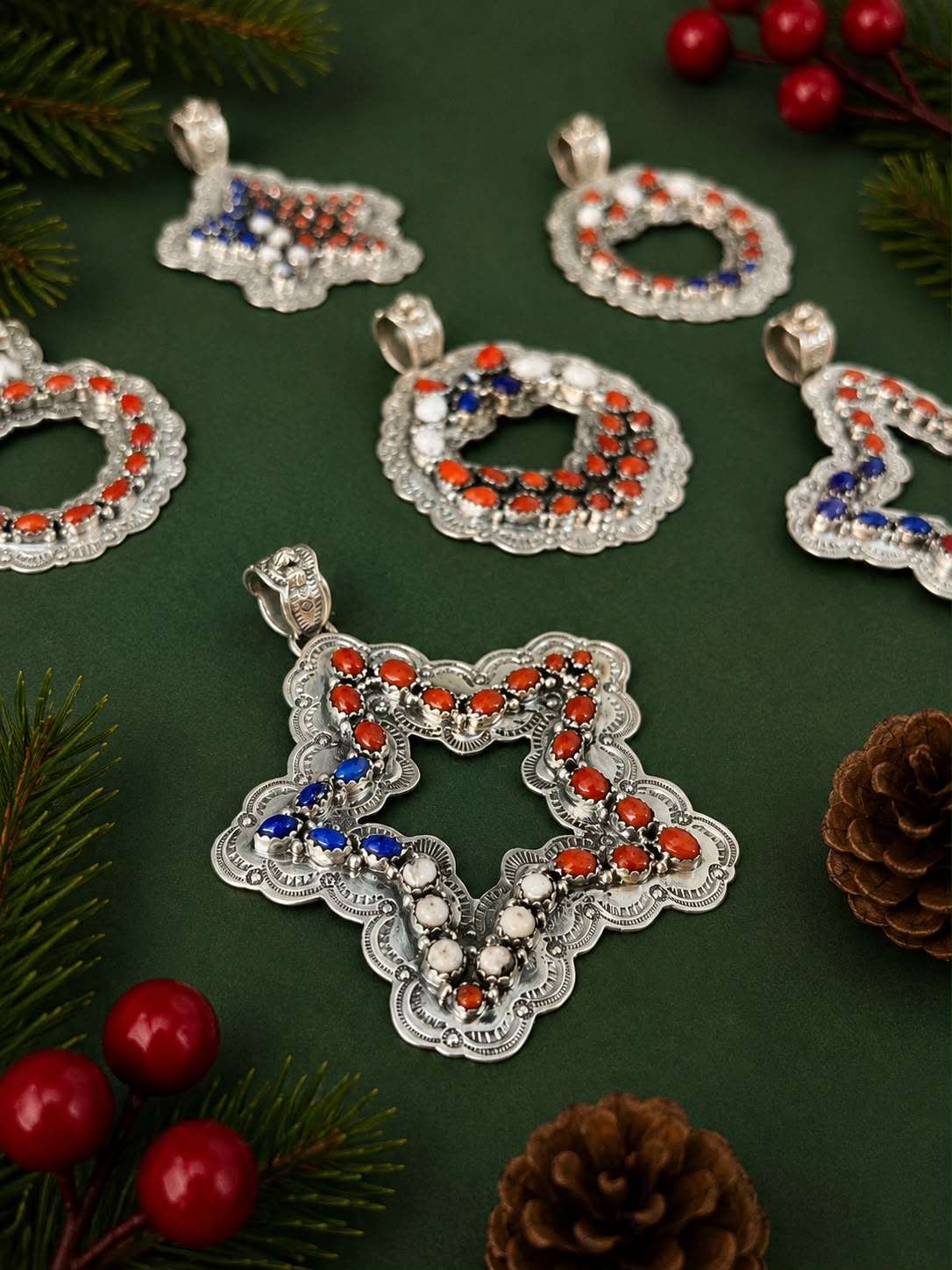 Handmade Sterling Silver Lapis with Coral and White Buffalo Christmas Ornaments Collection: Pendant Signed Nizhoni (1)