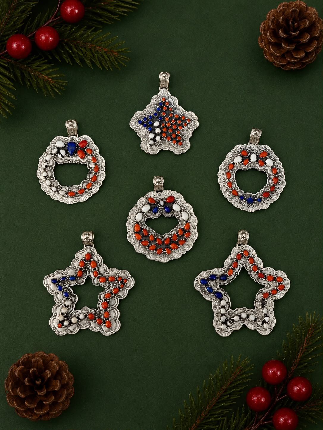 Handmade Sterling Silver Lapis with Coral and White Buffalo Christmas Ornaments Collection: Pendant Signed Nizhoni (1)