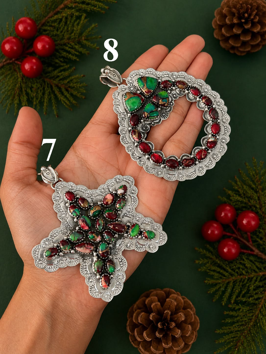 Handmade Sterling Silver Christmas Dahlia Ornaments Collection: Pendant Signed Nizhoni (3)