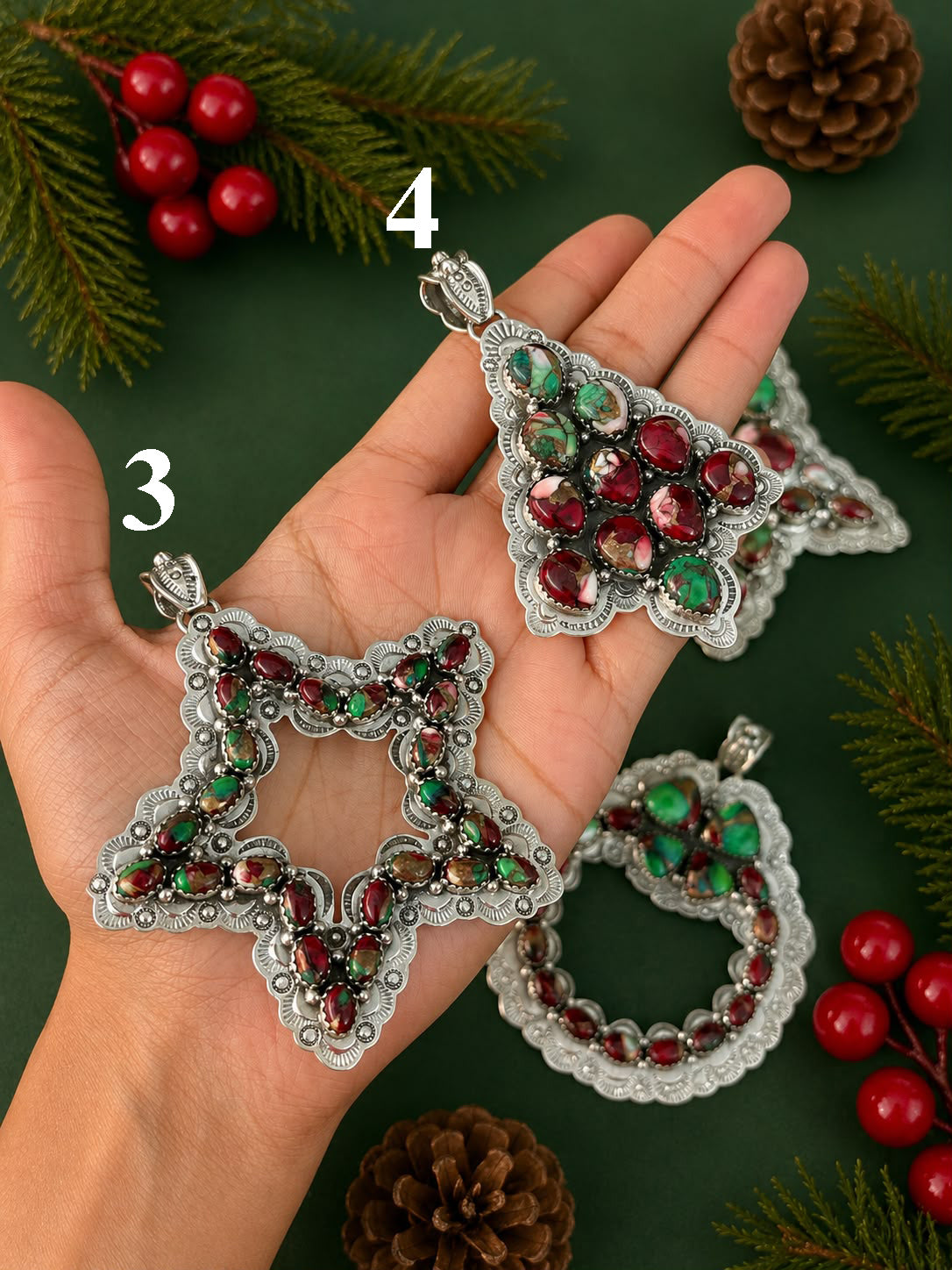 Handmade Sterling Silver Christmas Dahlia Ornaments Collection: Pendant Signed Nizhoni (3)