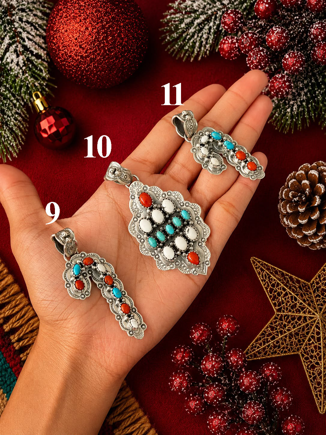 Handmade Sterling Silver Kingman Turquoise with Coral and White Buffalo Christmas Ornaments Collection: Pendant Signed Nizhoni (5)