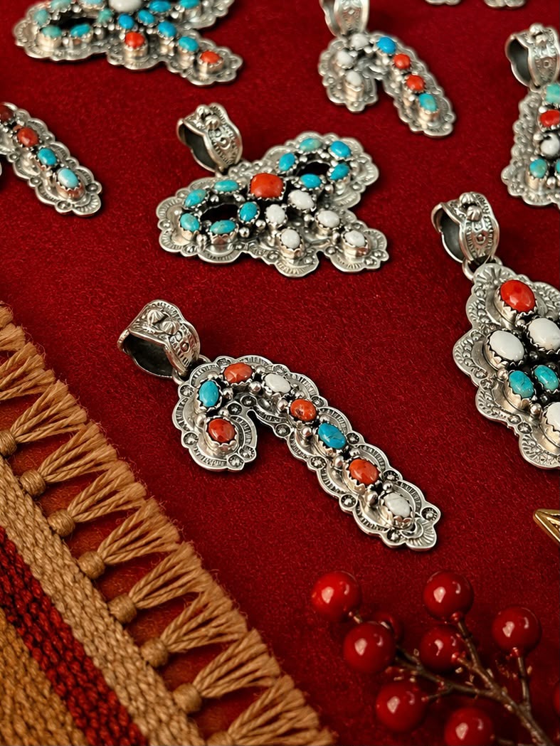 Handmade Sterling Silver Kingman Turquoise with Coral and White Buffalo Christmas Ornaments Collection: Pendant Signed Nizhoni (5)