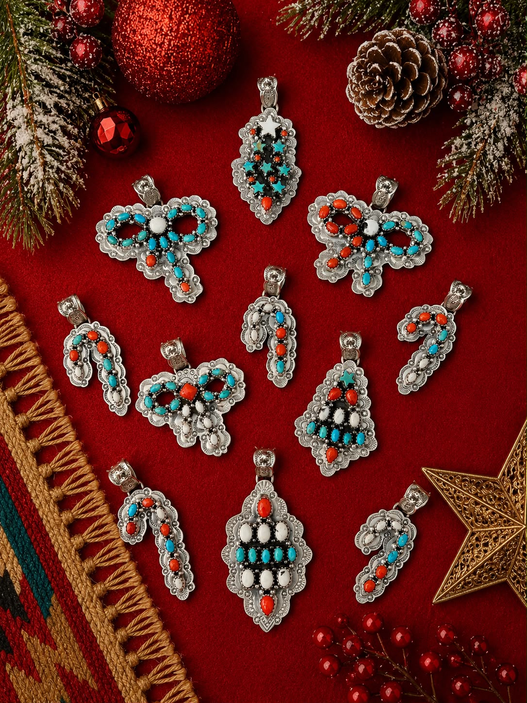 Handmade Sterling Silver Kingman Turquoise with Coral and White Buffalo Christmas Ornaments Collection: Pendant Signed Nizhoni (5)
