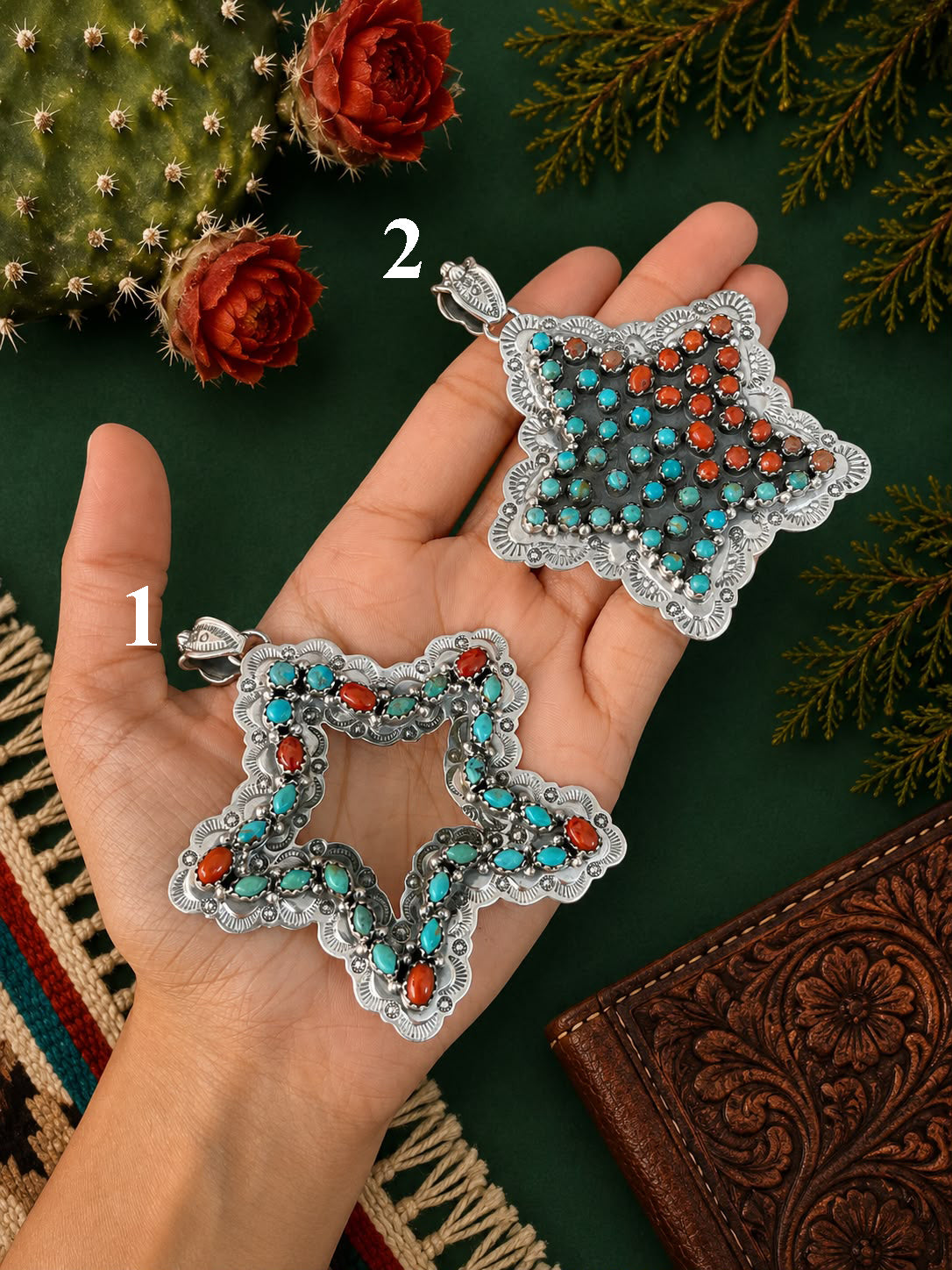 Handmade Sterling Silver Kingman Turquoise with Coral Christmas Ornaments Collection: Pendant Signed Nizhoni