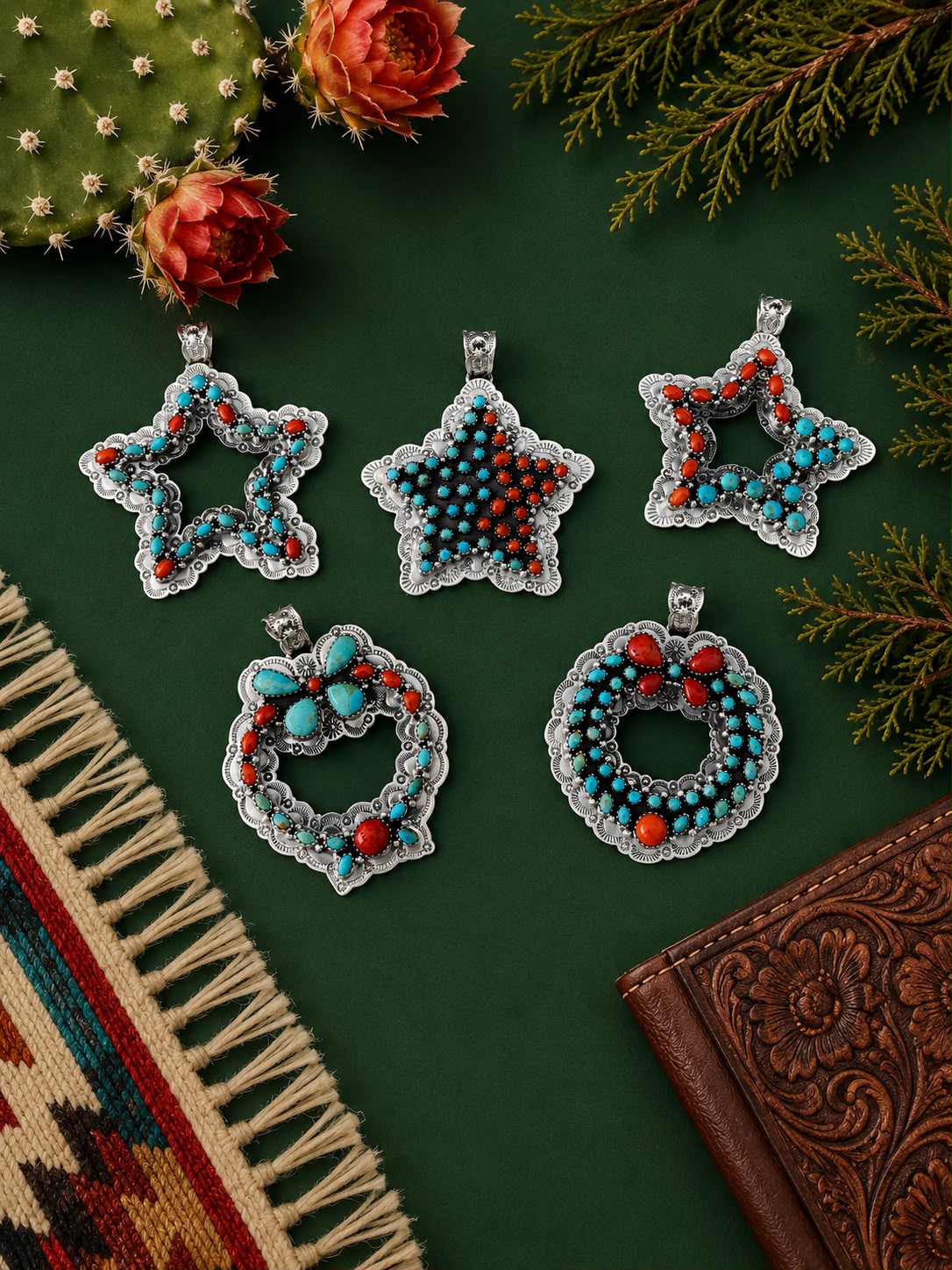 Handmade Sterling Silver Kingman Turquoise with Coral Christmas Ornaments Collection: Pendant Signed Nizhoni