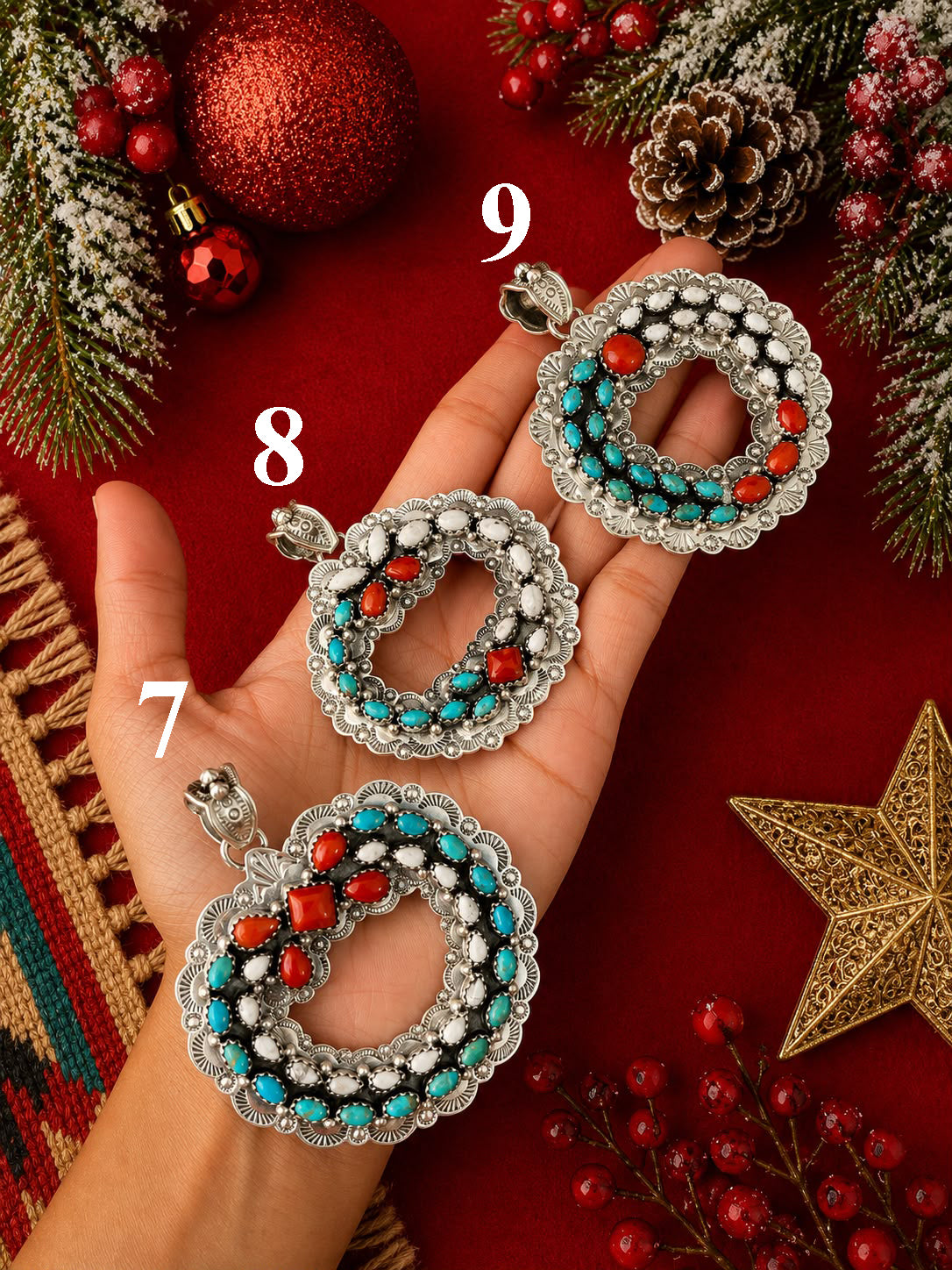 Handmade Sterling Silver Kingman Turquoise with Coral and White Buffalo Christmas Ornaments Collection: Pendant Signed Nizhoni (6)