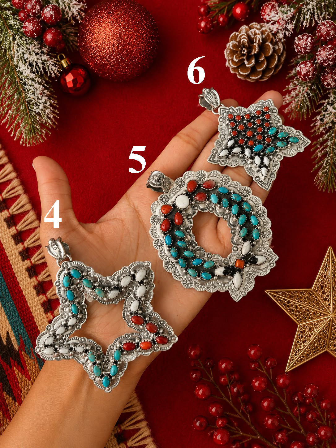 Handmade Sterling Silver Kingman Turquoise with Coral and White Buffalo Christmas Ornaments Collection: Pendant Signed Nizhoni (6)