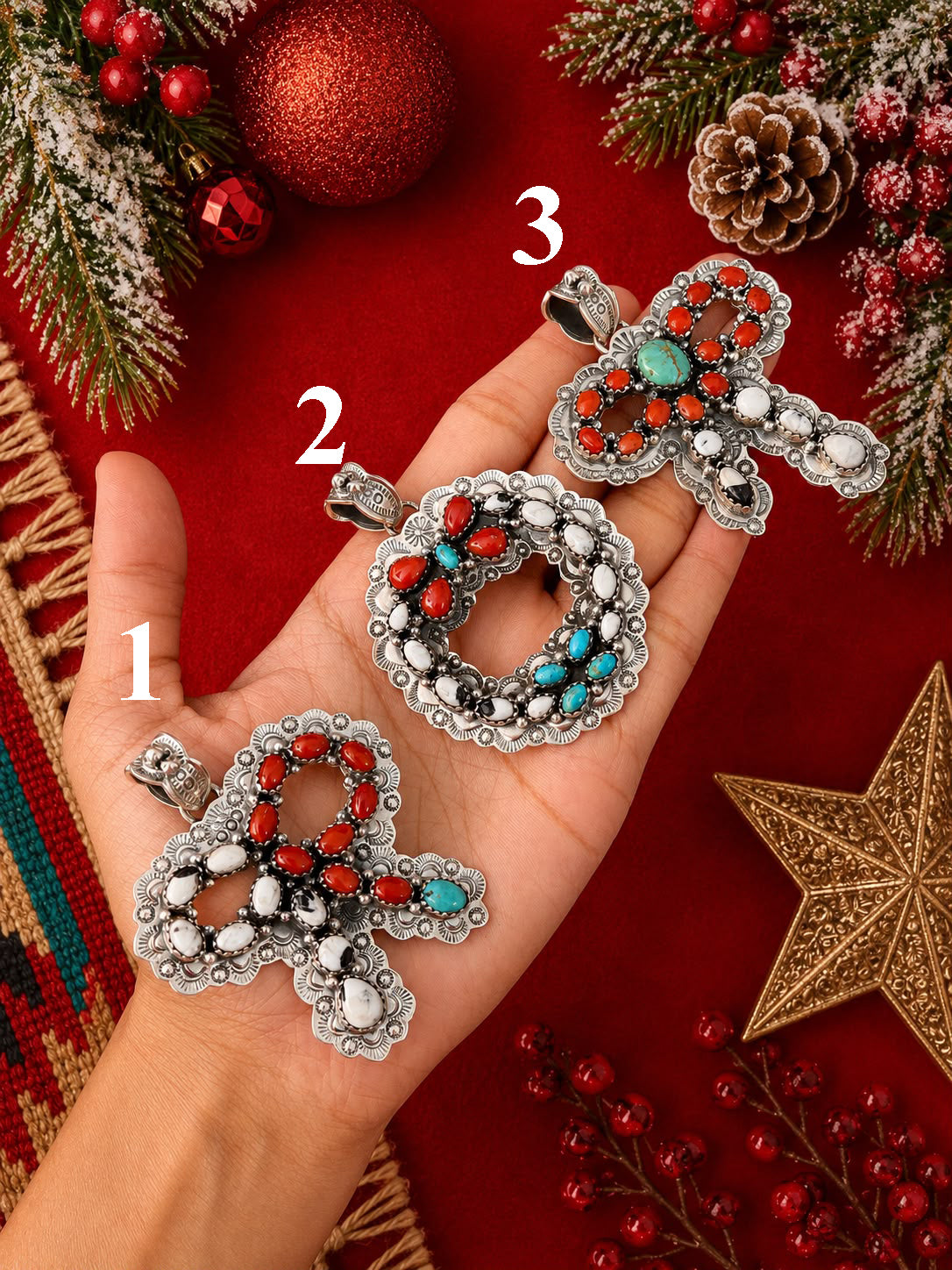 Handmade Sterling Silver Kingman Turquoise with Coral and White Buffalo Christmas Ornaments Collection: Pendant Signed Nizhoni (6)