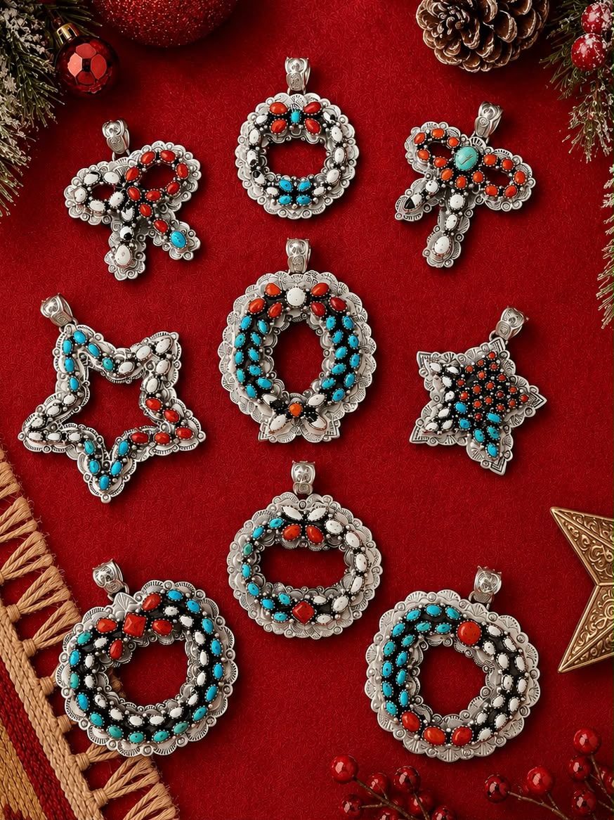 Handmade Sterling Silver Kingman Turquoise with Coral and White Buffalo Christmas Ornaments Collection: Pendant Signed Nizhoni (6)