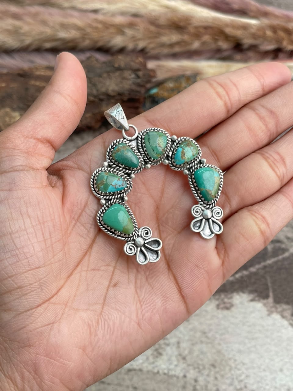 Handmade Sterling Silver Kingman Turquoise Naja Pendant Signed Nizhoni