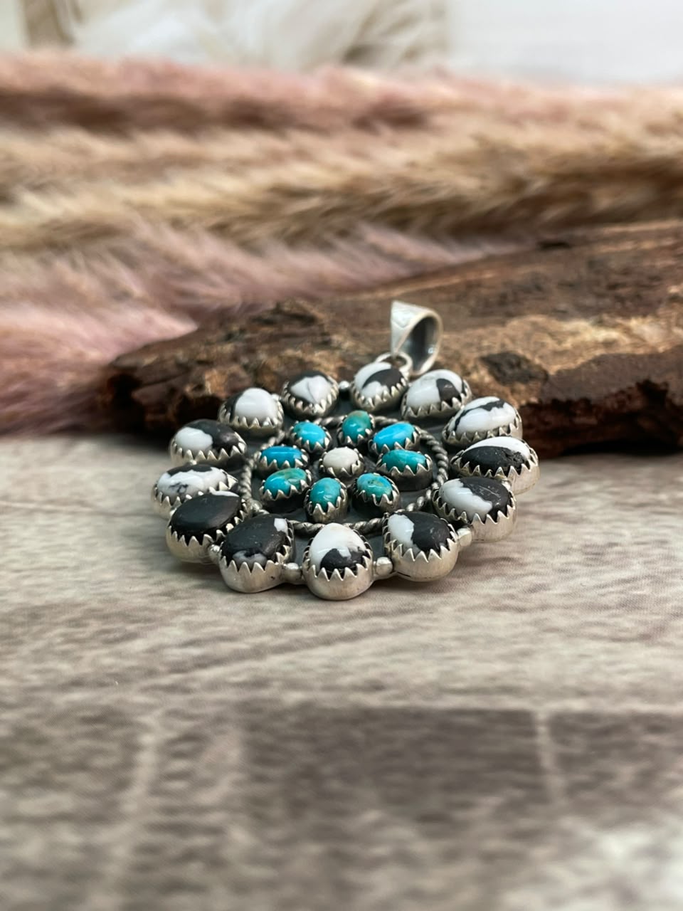 Handmade Sterling Silver Kingman Turquoise with White Buffalo Pendant Signed Nizhoni