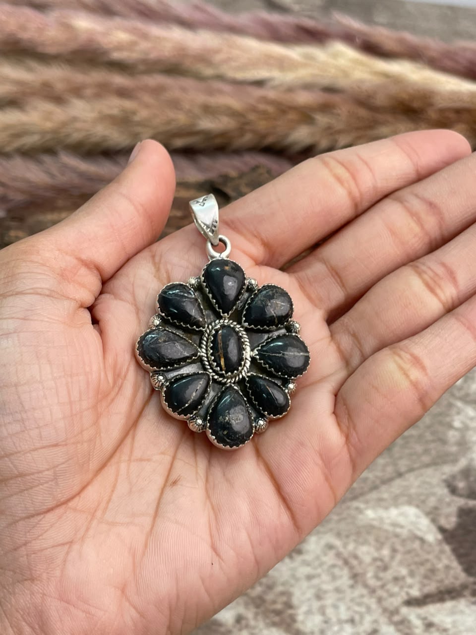 Handmade Sterling Silver Blackjack Turquoise Pendant Signed Nizhoni