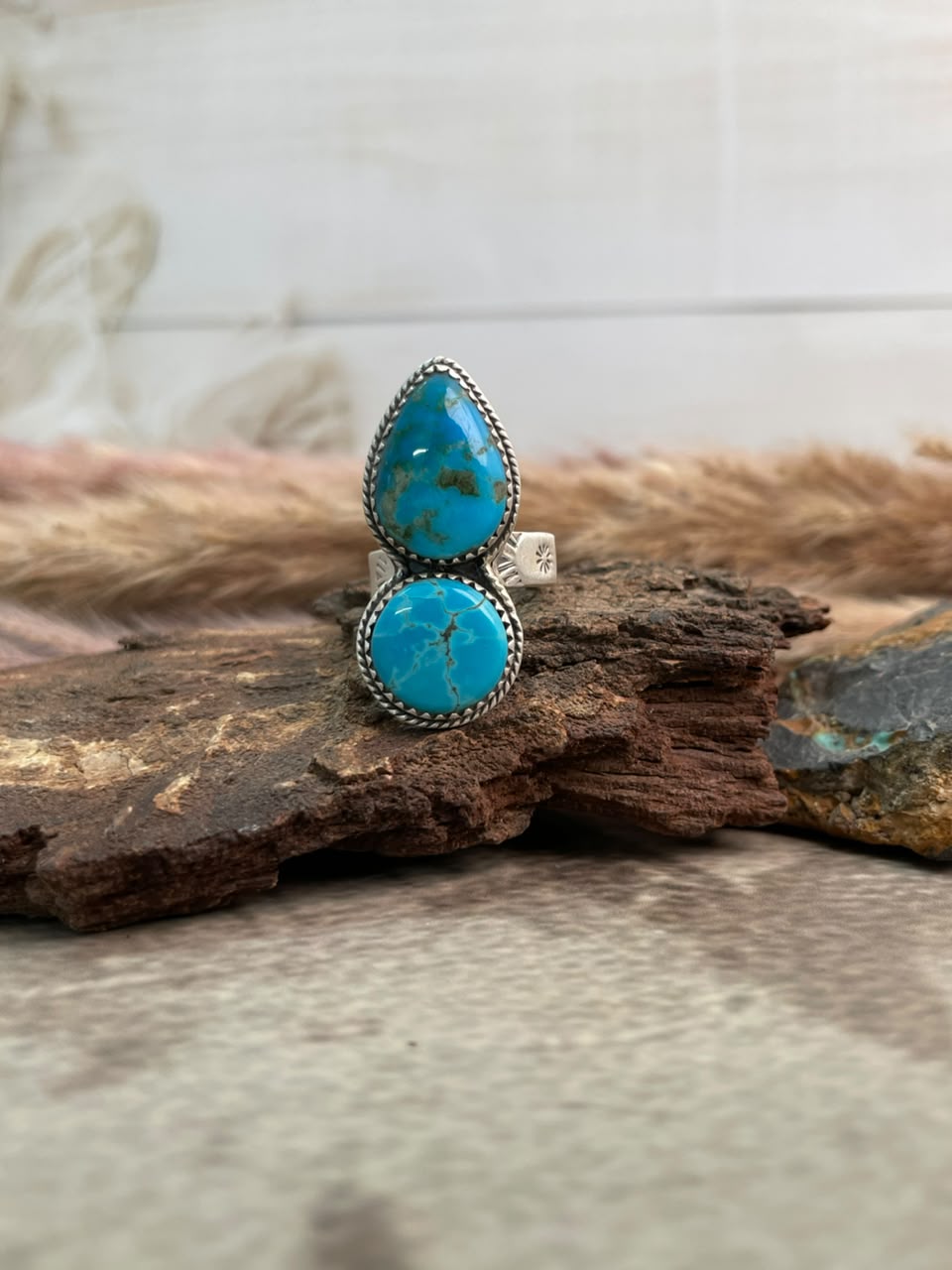 Handmade Sterling Silver Blue Kingman Turquoise Adjustable Ring Signed Nizhoni