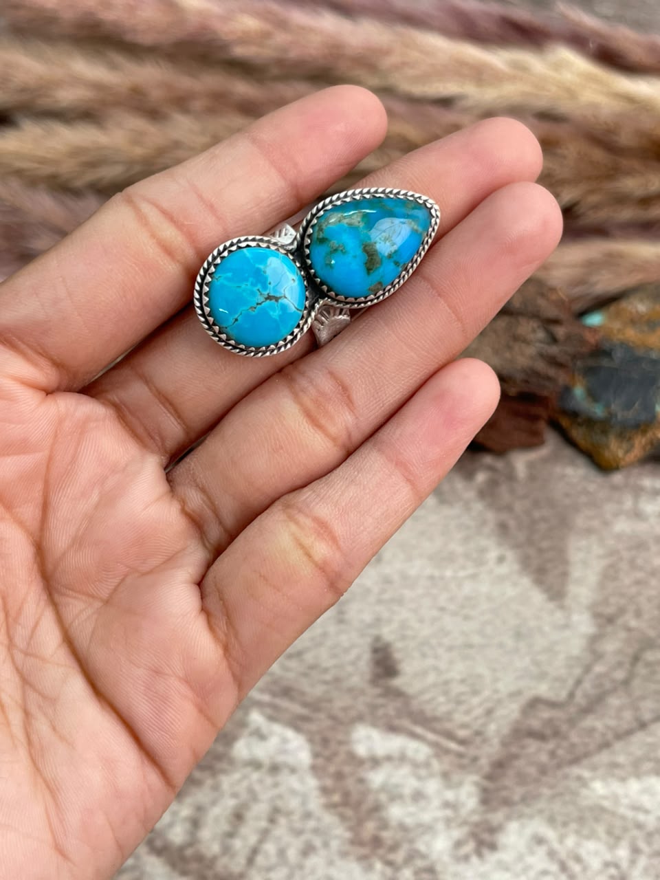 Handmade Sterling Silver Blue Kingman Turquoise Adjustable Ring Signed Nizhoni