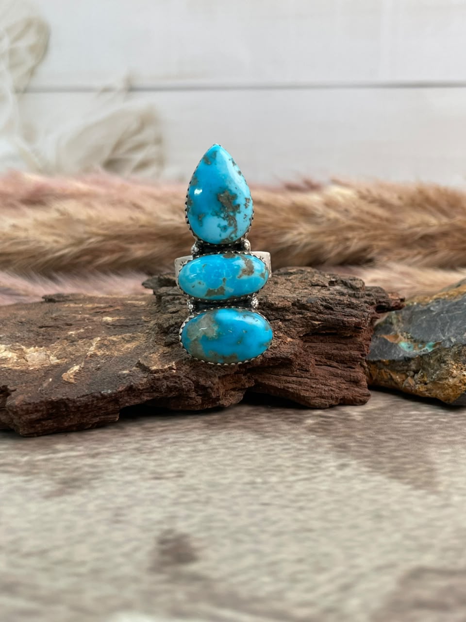 Handmade Sterling Silver Blue Kingman Turquoise Adjustable Ring Signed Nizhoni