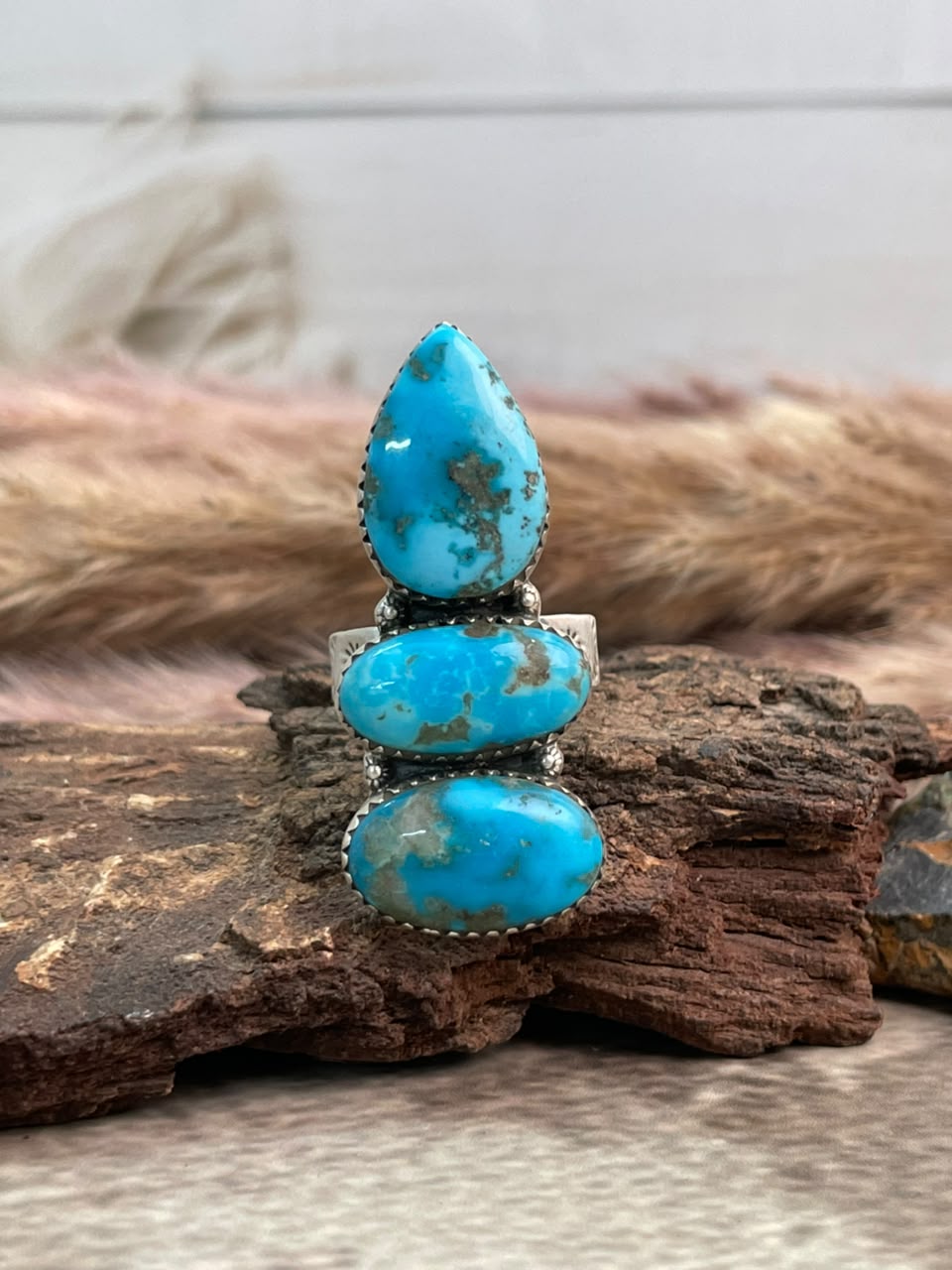 Handmade Sterling Silver Blue Kingman Turquoise Adjustable Ring Signed Nizhoni