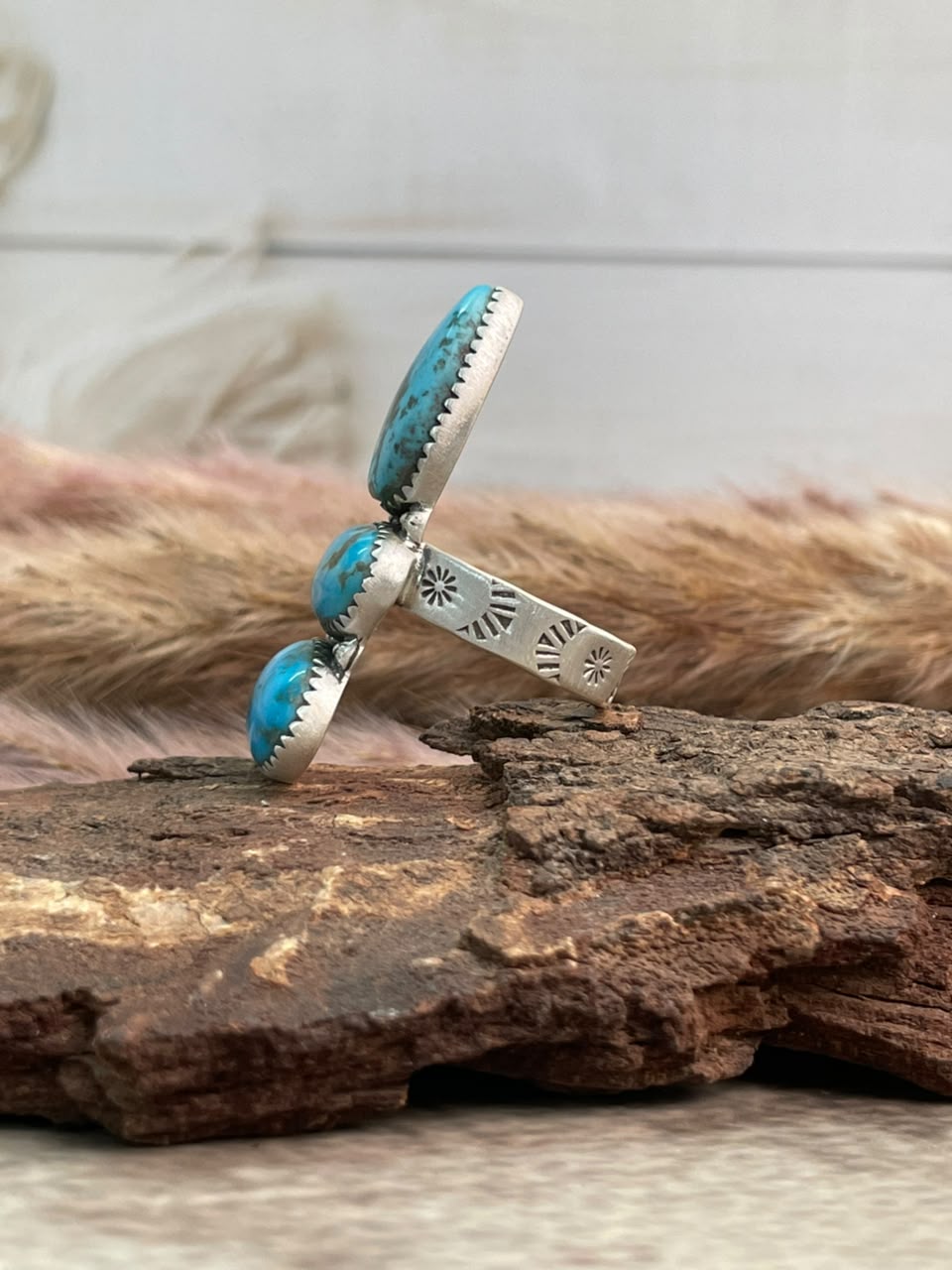 Handmade Sterling Silver Blue Kingman Turquoise Adjustable Ring Signed Nizhoni
