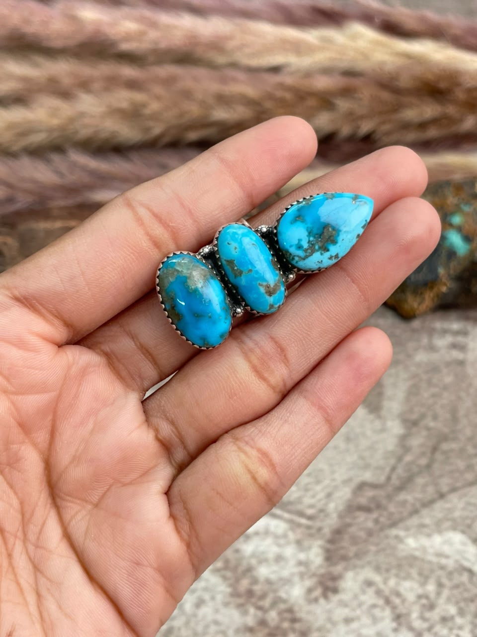 Handmade Sterling Silver Blue Kingman Turquoise Adjustable Ring Signed Nizhoni