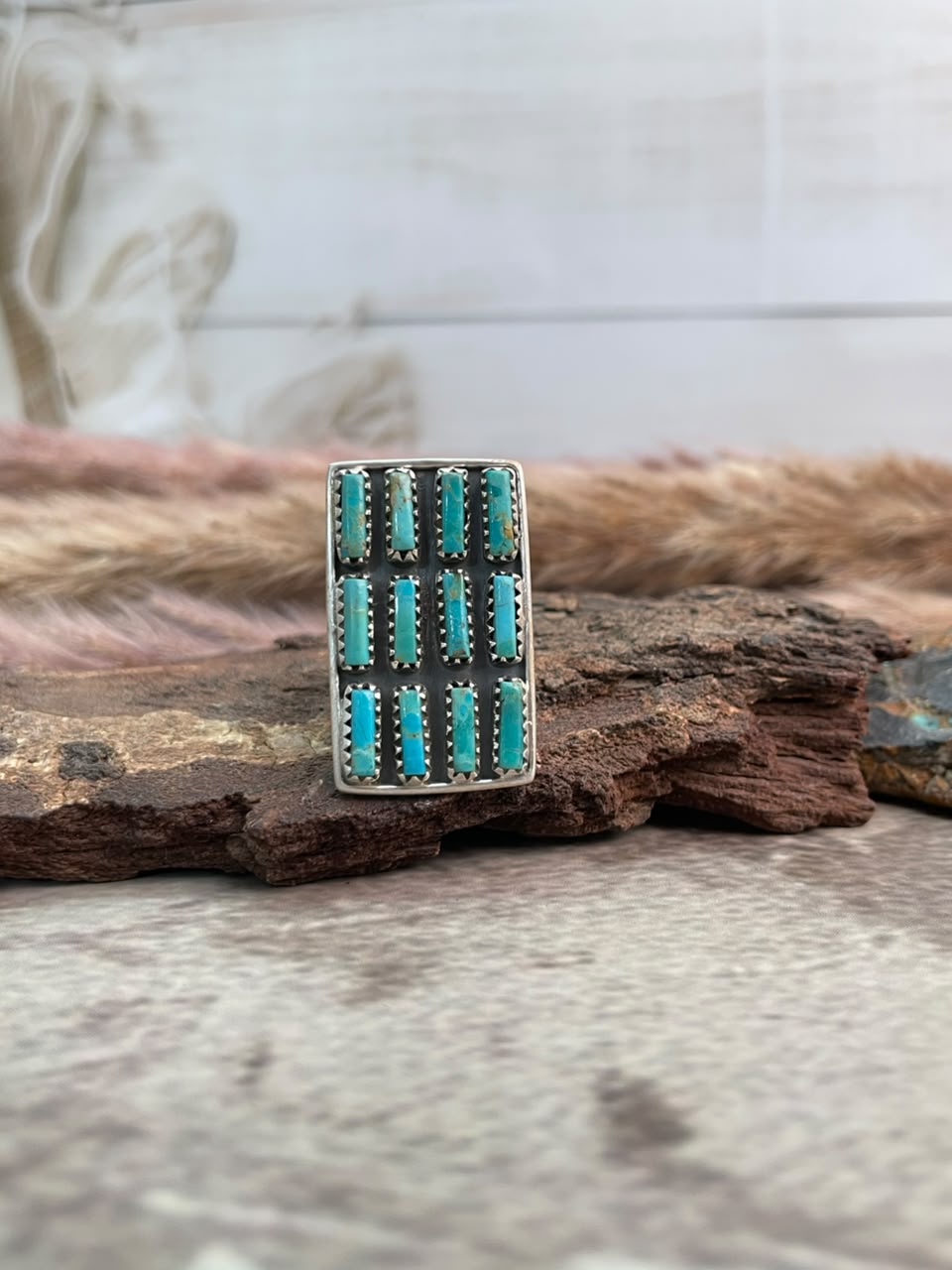 Handmade Sterling Silver Kingman Turquoise Adjustable Bar Ring Signed Nizhoni