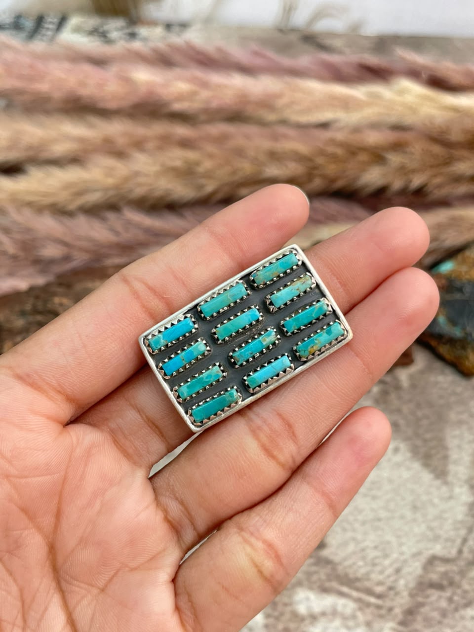 Handmade Sterling Silver Kingman Turquoise Adjustable Bar Ring Signed Nizhoni