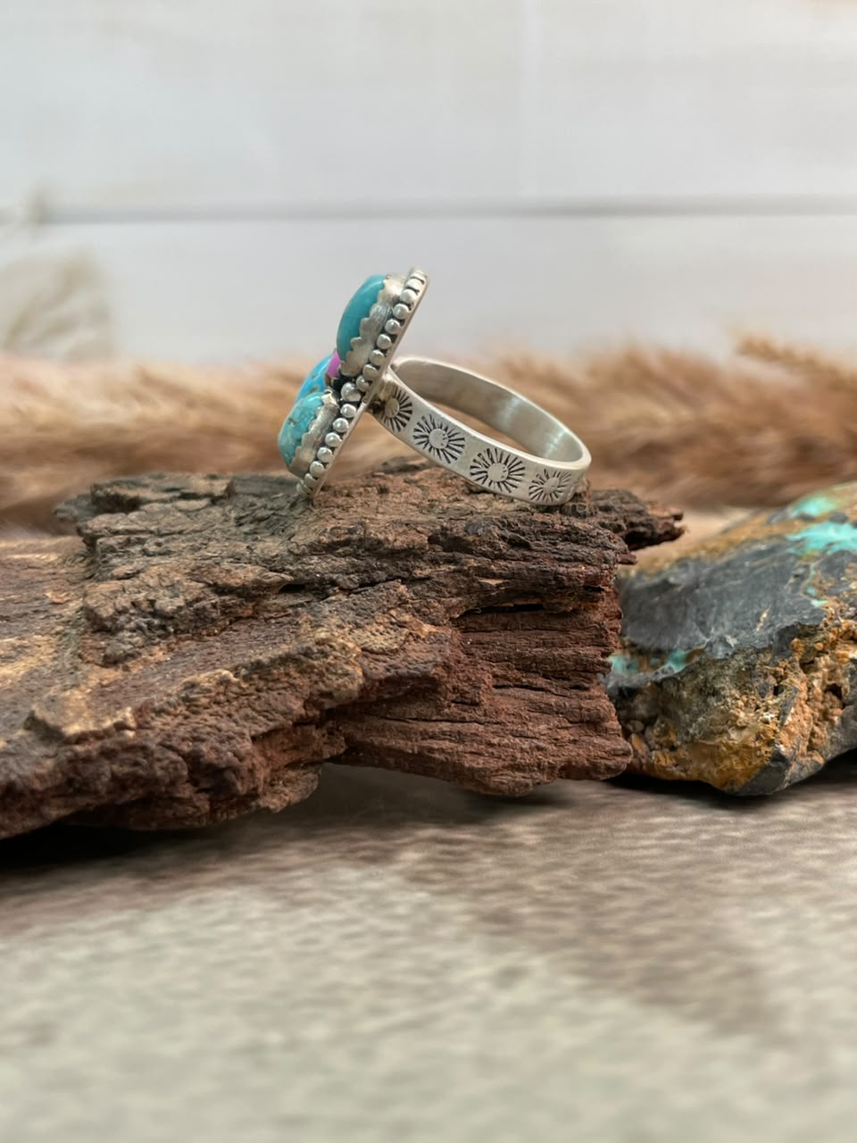 Handmade Sterling Silver Cotton Candy with White Water Turquoise Adjustable Ring Signed Nizhoni
