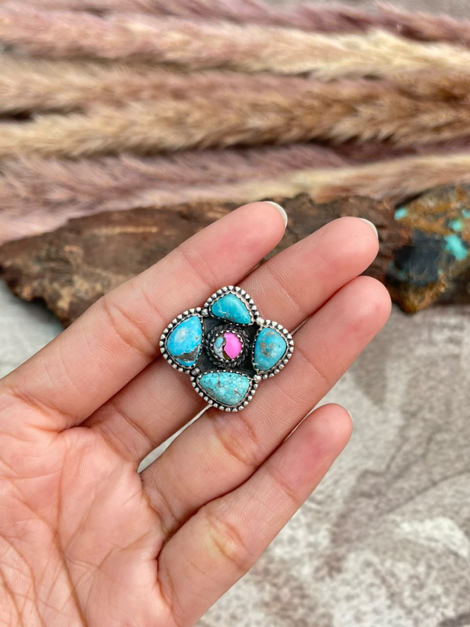 Handmade Sterling Silver Cotton Candy with White Water Turquoise Adjustable Ring Signed Nizhoni