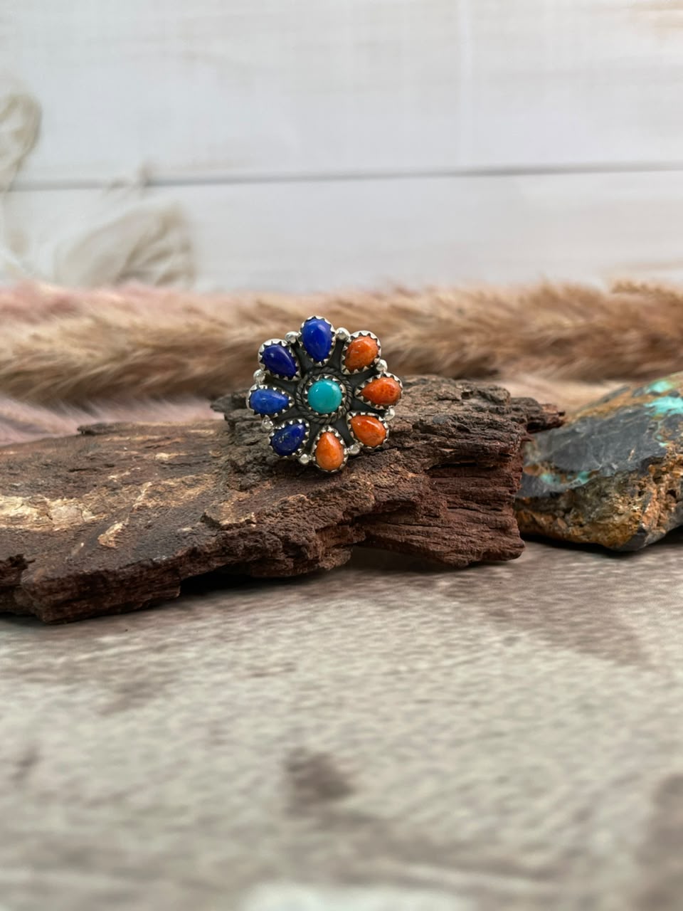 Handmade Sterling Silver Lapis with Orange Mojave and Kingman Turquoise Adjustable Ring Signed Nizhoni
