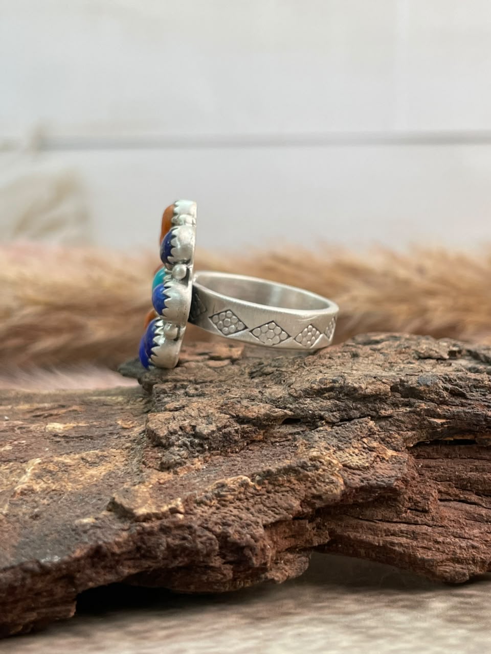 Handmade Sterling Silver Lapis with Orange Mojave and Kingman Turquoise Adjustable Ring Signed Nizhoni