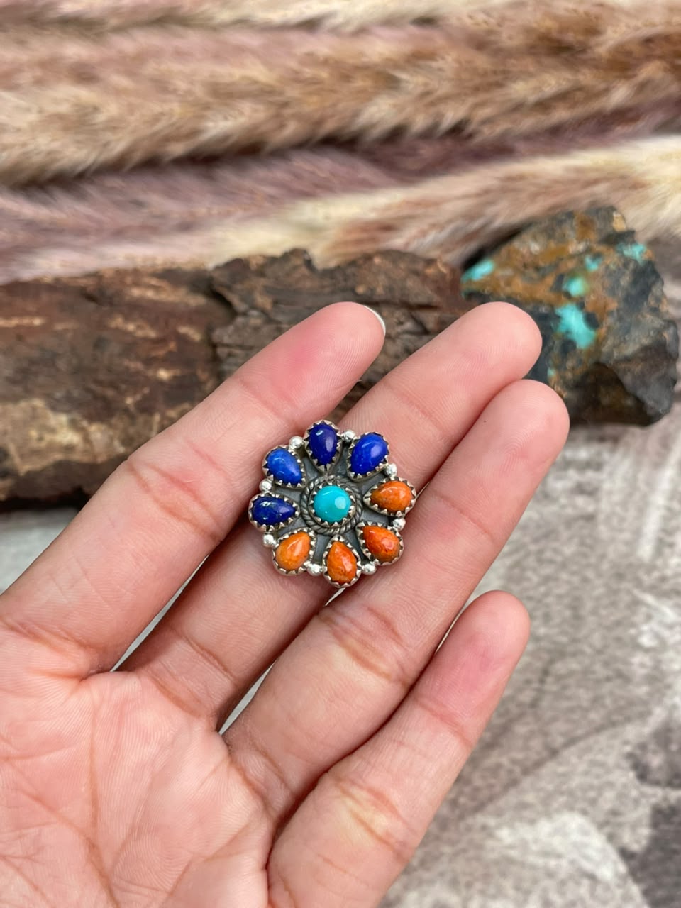 Handmade Sterling Silver Lapis with Orange Mojave and Kingman Turquoise Adjustable Ring Signed Nizhoni