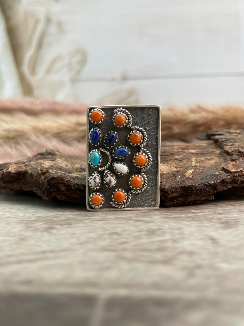 Handmade Sterling Silver Kingman Turquoise with Lapis, Orange Mojave and Wildhorse Magnesite Adjustable Ring Signed Nizhoni