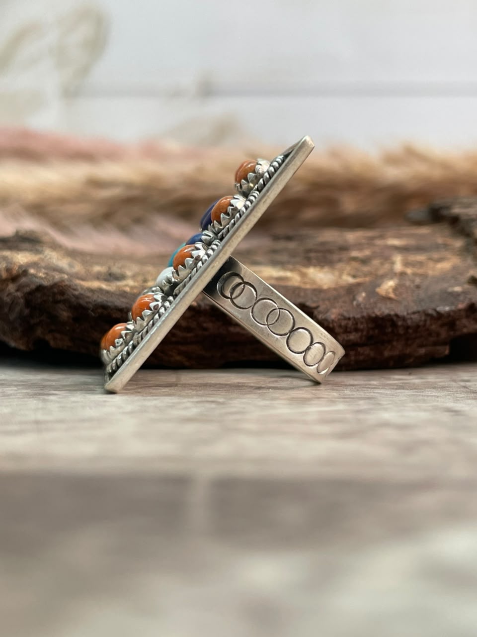 Handmade Sterling Silver Kingman Turquoise with Lapis, Orange Mojave and Wildhorse Magnesite Adjustable Ring Signed Nizhoni