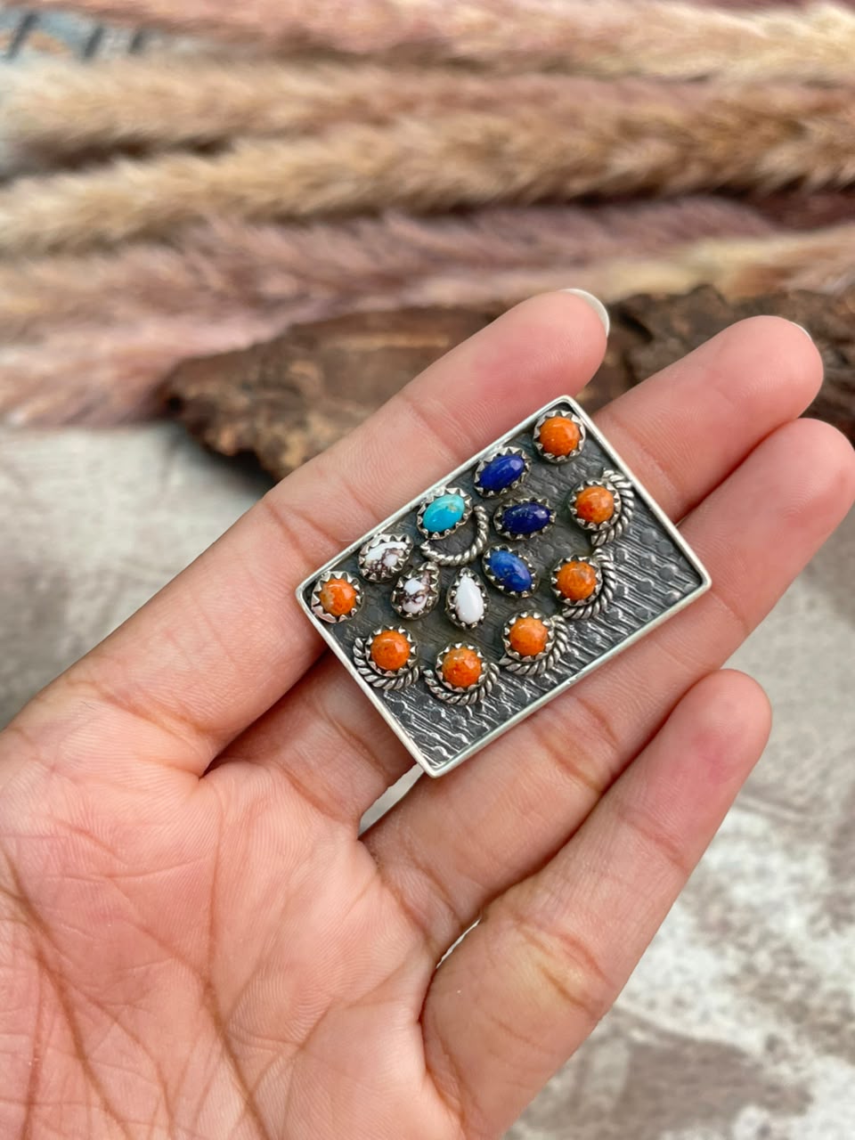Handmade Sterling Silver Kingman Turquoise with Lapis, Orange Mojave and Wildhorse Magnesite Adjustable Ring Signed Nizhoni