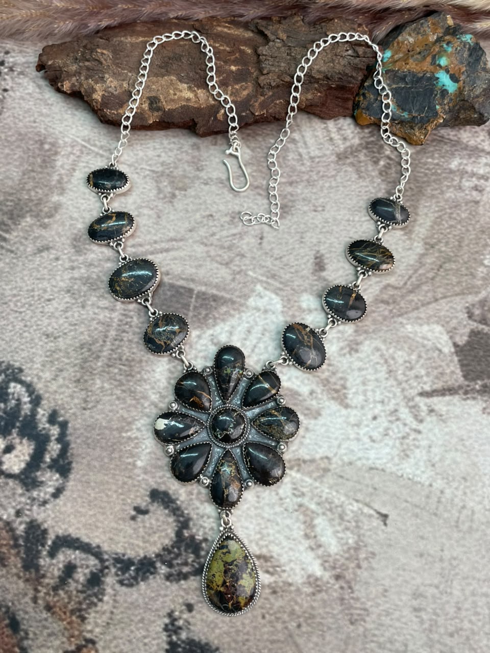 Handmade Sterling Silver Blackjack Turquoise Necklace Signed Nizhoni