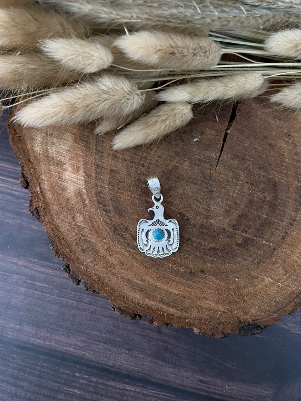 Handmade Sterling Silver Kingman Turquoise Thunderbird Pendant Signed Nizhoni (9)
