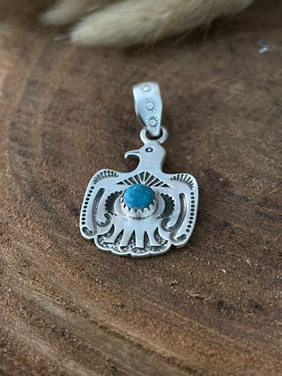 Handmade Sterling Silver Kingman Turquoise Thunderbird Pendant Signed Nizhoni (9)