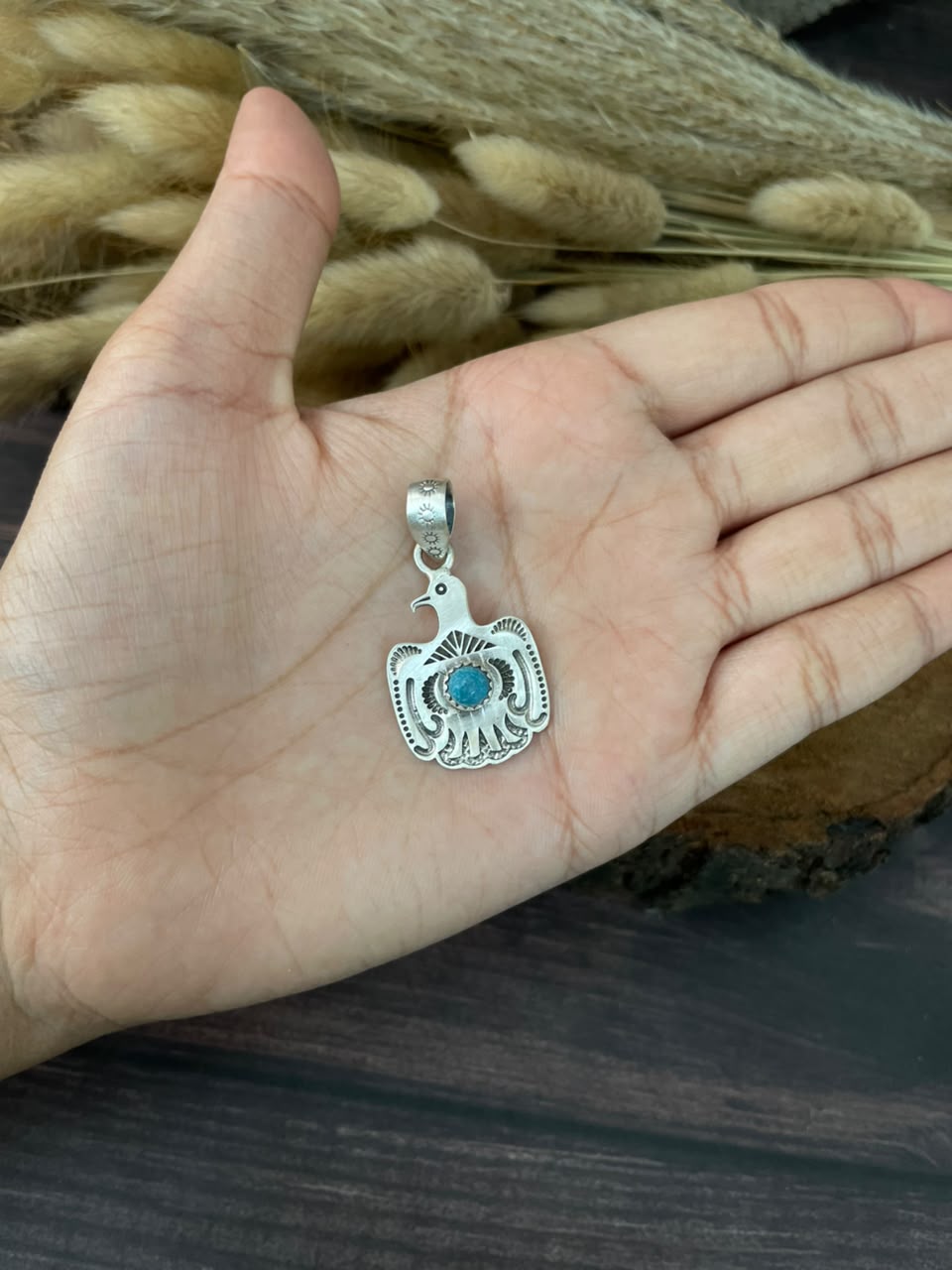 Handmade Sterling Silver Kingman Turquoise Thunderbird Pendant Signed Nizhoni (9)