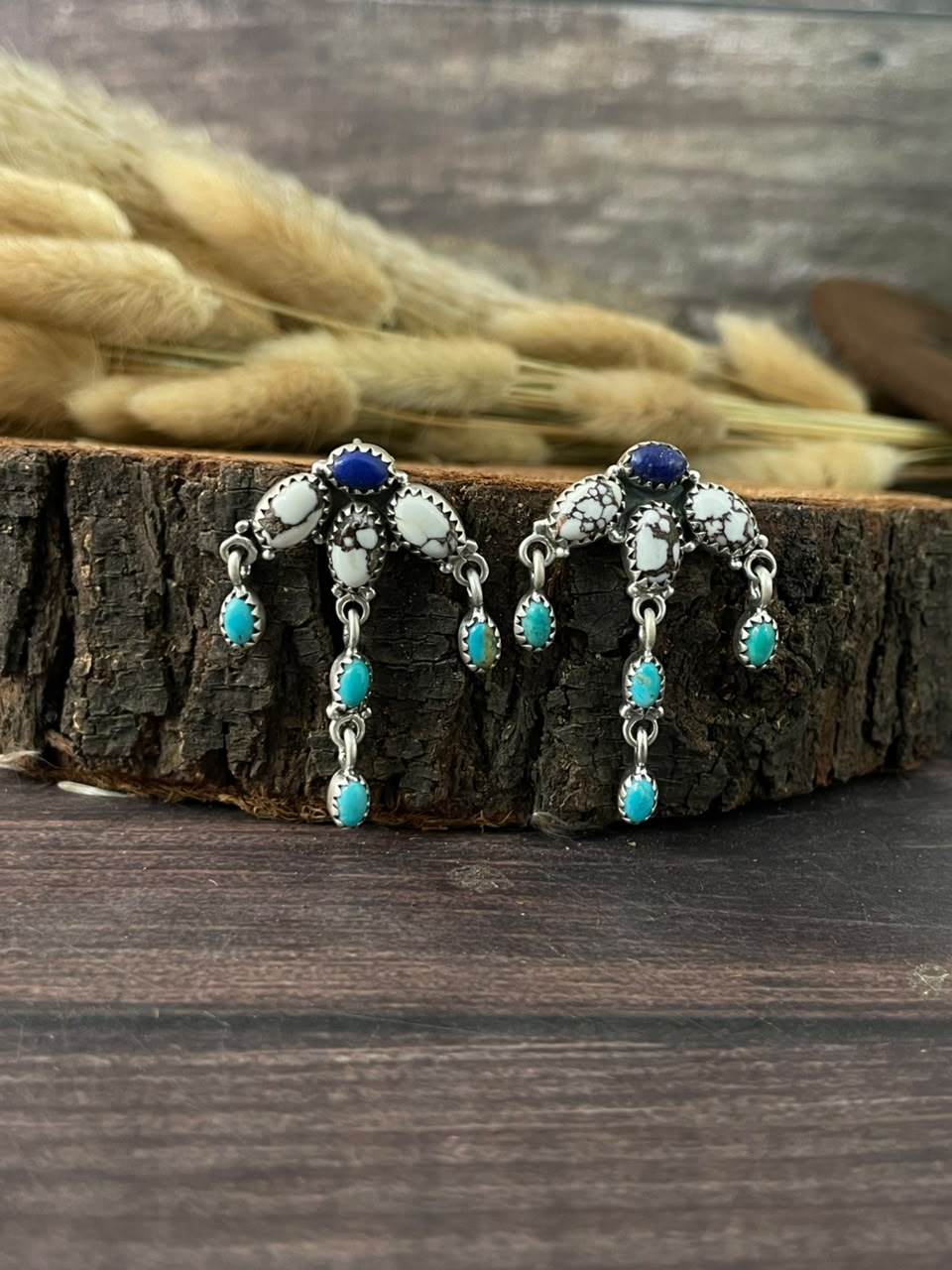 Handmade Sterling Silver Lapis with Wildhorse Magnesite and Kingman Turquoise Post Dangle Earrings Signed Nizhoni